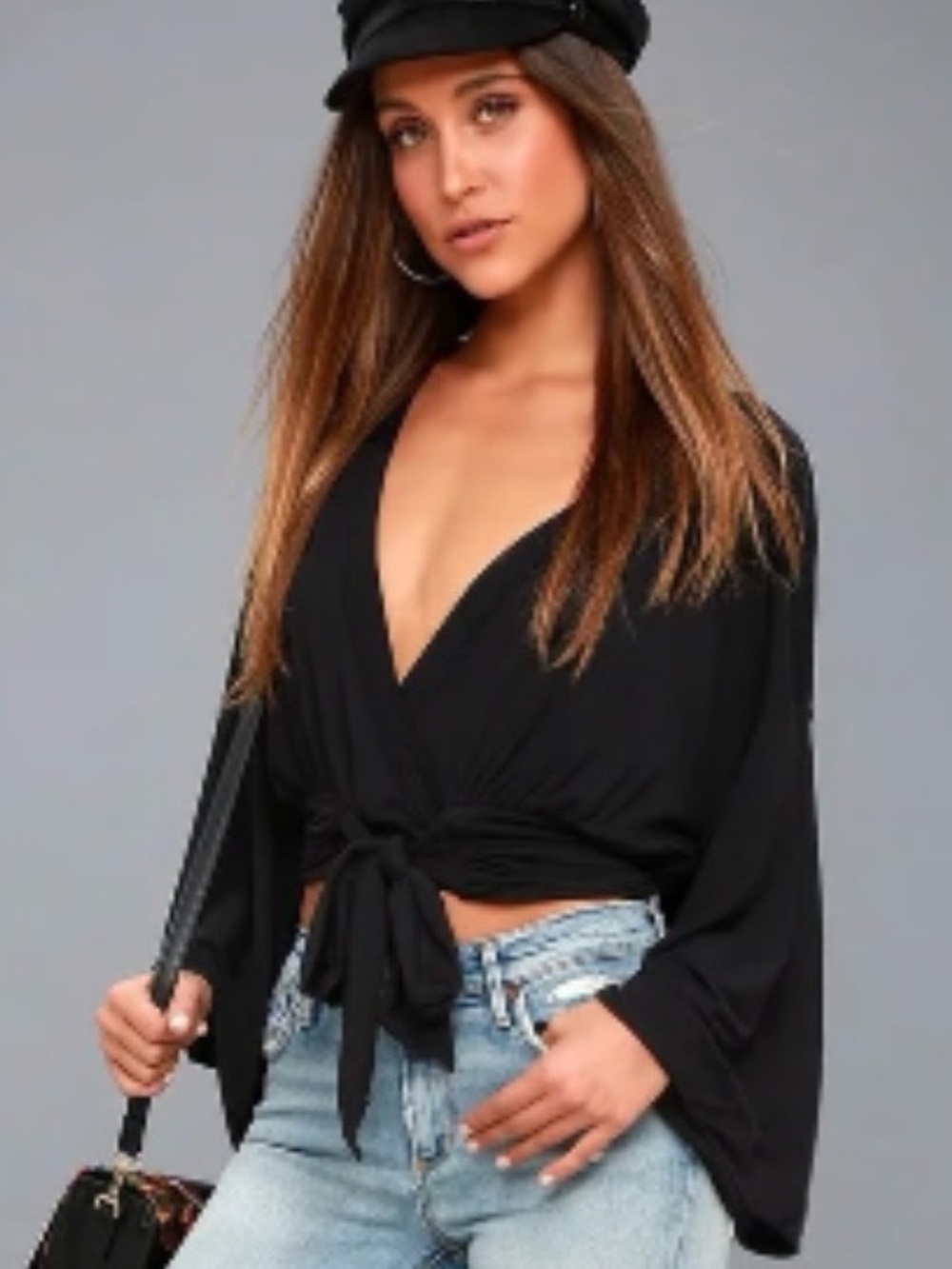 Free People Black Long Sleeve Flowy Top with Strap Detail M Like New!